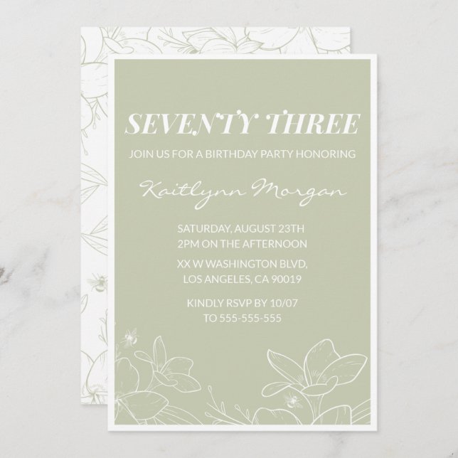 Elegant Green Floral 73rd birthday invitations   (Front/Back)