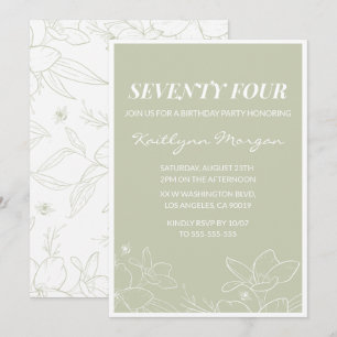Elegant Green Floral 74th birthday invitations  