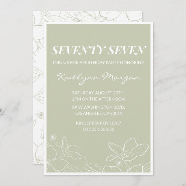 Elegant Green Floral 77th birthday invitations   (Front/Back)
