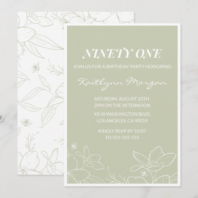 Elegant Green Floral 91st birthday invitations   (Front/Back)
