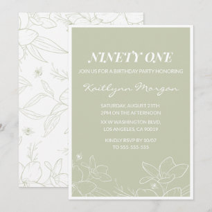 Elegant Green Floral 91st birthday invitations  