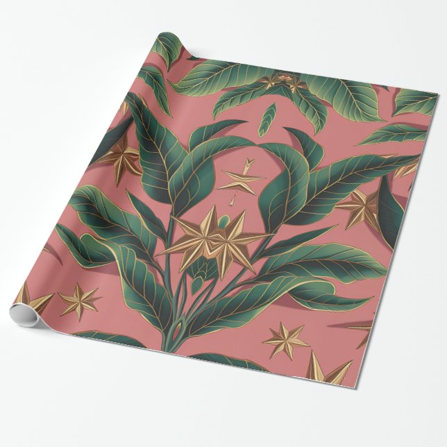 Elegant Green Floral and Festive Gold Star Motif  Wrapping Paper (Unrolled)