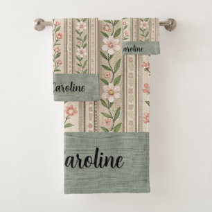 Elegant Green Floral Bath Towel Set-Editable Name