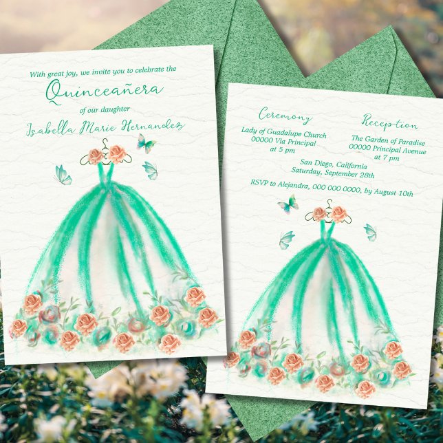 Elegant Green Floral Butterflies Quinceañera  Invitation (Creator Uploaded)