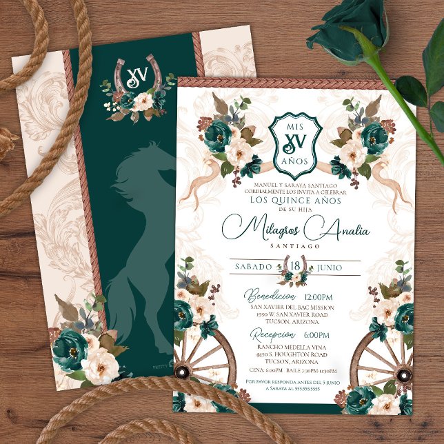 Elegant Green Floral Charro Western Quinceanera Invitation (Creator Uploaded)