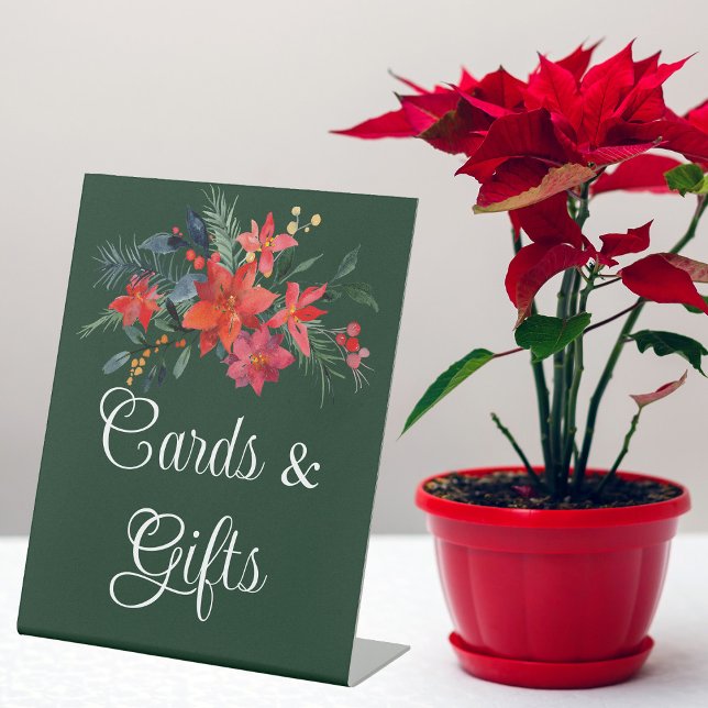 Elegant Green Floral Christmas Wedding Cards Gifts Pedestal Sign (Creator Uploaded)
