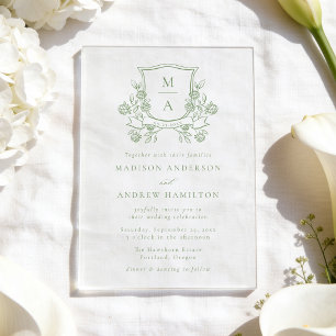 Elegant Green Floral Crest Monogram Wedding Acrylic Invitations