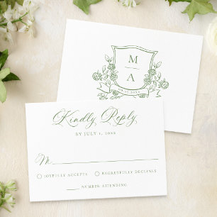 Elegant Green Floral Crest Monogram Wedding RSVP Card