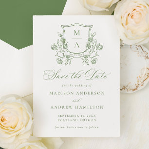Elegant Green Floral Crest Wedding Save The Date
