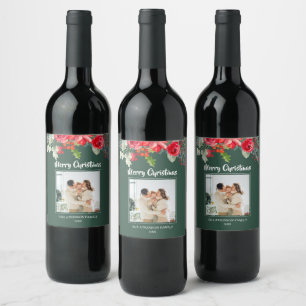 Elegant Green Floral Family Photo Christmas Wine Label