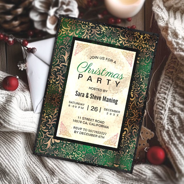 Elegant green floral faux gold Christmas  Invitation (Creator Uploaded)