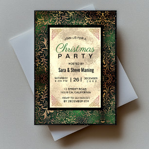 Elegant green floral faux gold Christmas Invitation