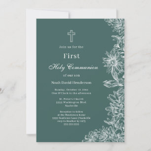 Elegant Green Floral First Holy Communion  Invitation