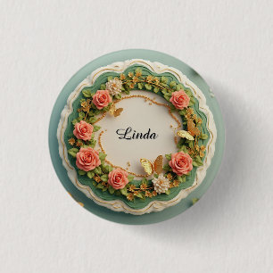 Elegant Green Floral Frame With Pink Roses 3 Cm Round Badge