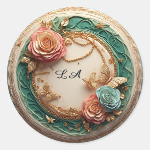 Elegant Green Floral Frame With Pink Roses Classic Round Sticker