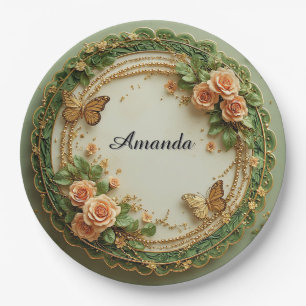 Elegant Green Floral Frame With Pink Roses Paper Plate