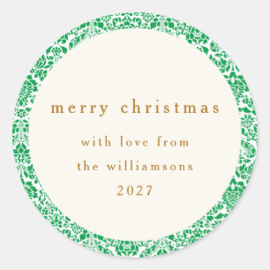 Elegant Green Floral Merry Christmas Personalised Classic Round Sticker