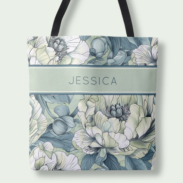 Elegant Green Floral Name Botanical Sage Flowers Tote Bag (Elegant Green Floral Name Botanical Sage Flowers Tote Bag)