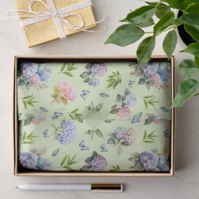Elegant Green Floral Pink Blue Hydrangea Pattern  Tissue Paper (Gift)