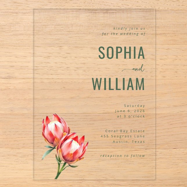 Elegant Green Floral Protea Acrylic Invitations (Front)