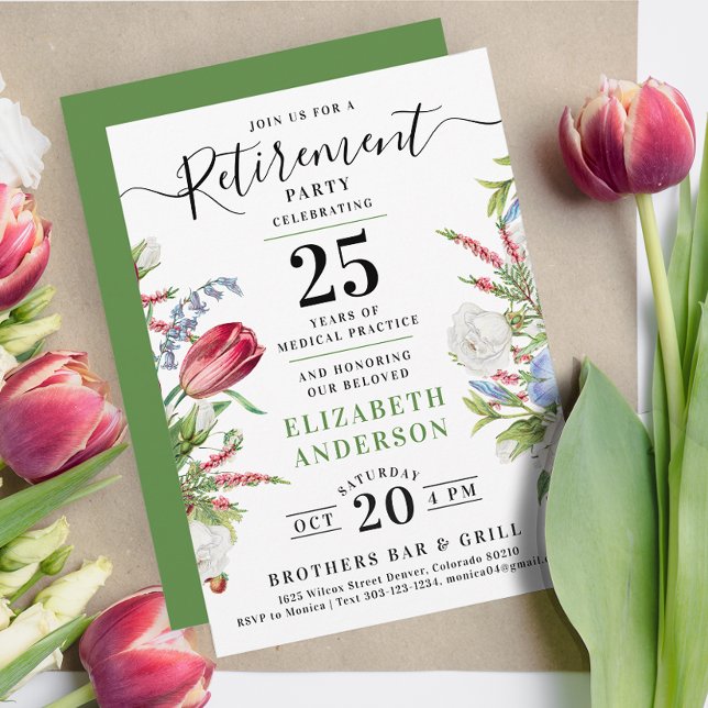 Elegant Green Floral Retirement Celebration Party Invitation (Creator Uploaded)