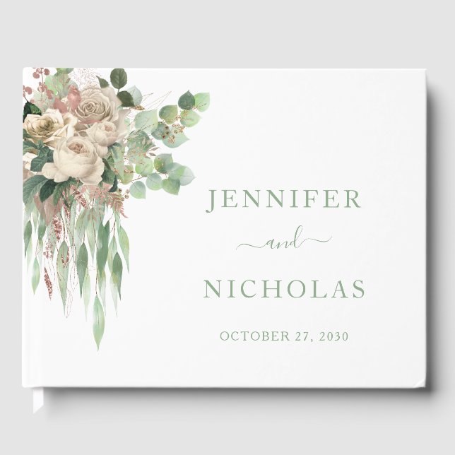 Elegant Green Floral Roses Wedding Guest Book (Front)