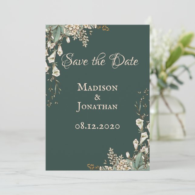 Elegant Green Floral Script Wedding Save The Date (Standing Front)
