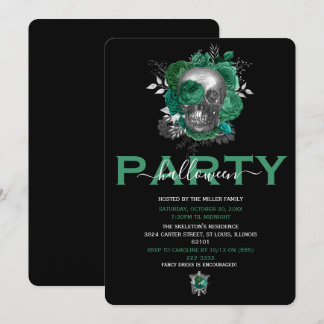 Elegant Green Floral Skull Adult Halloween Party Invitation