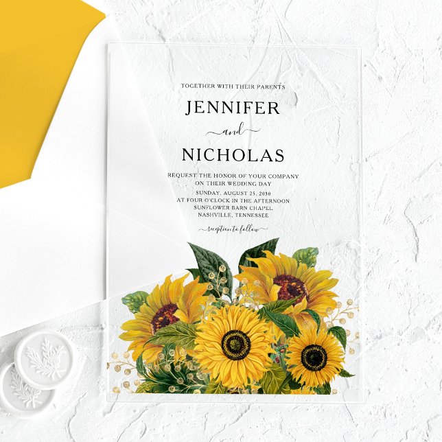 Elegant Green Floral Sunflowers Wedding Acrylic Invitations (Elegant Green Floral Sunflowers Wedding Acrylic Invitations)