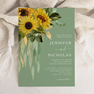 Elegant Green Floral Sunflowers Wedding Invitation