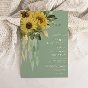 Elegant Green Floral Sunflowers Wedding Invitation