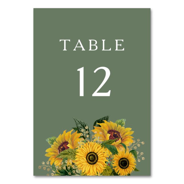 Elegant Green Floral Sunflowers Wedding Table Number (Front)