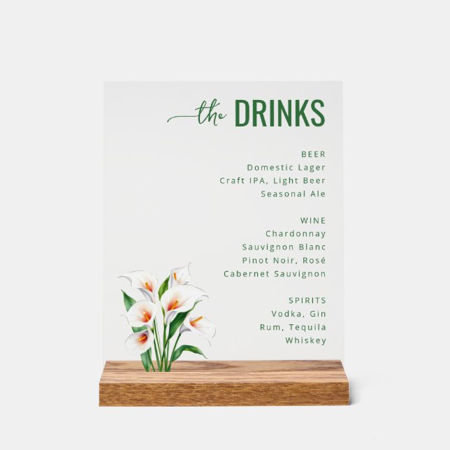 Elegant Green Floral Wedding Menu Acrylic Sign (Front)