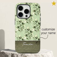 Elegant Green Floral Wood Grain Custom Name 