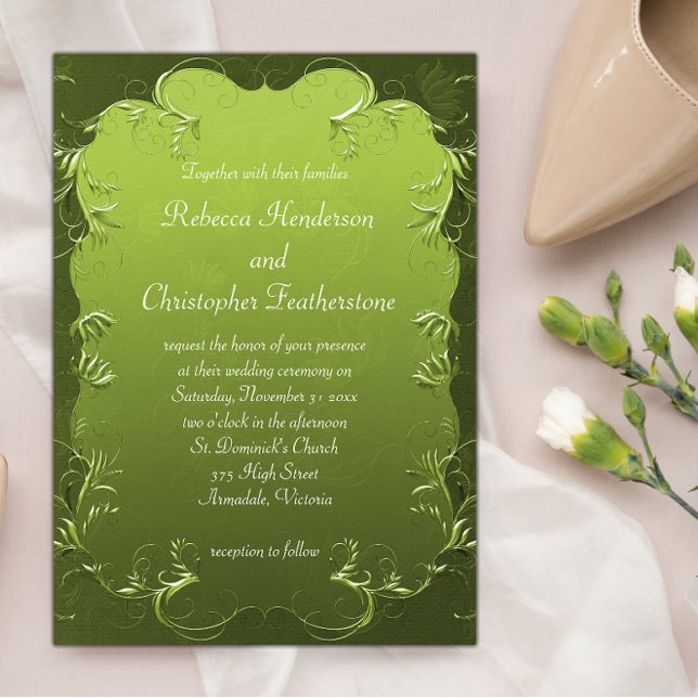 Elegant Green Flourishes & Scrolls Classic Wedding Invitation (Creator Uploaded)