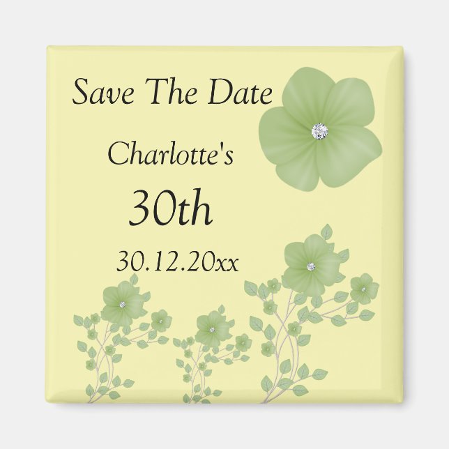 Elegant Green Flowers With Diamonds Magnet (Front)