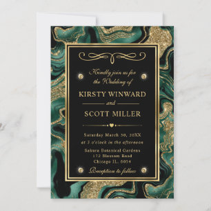 Elegant Green Foil and Gold Glitter Agate Wedding Invitation