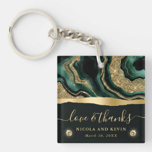 Elegant Green Foil and Gold Glitter Agate Wedding Key Ring