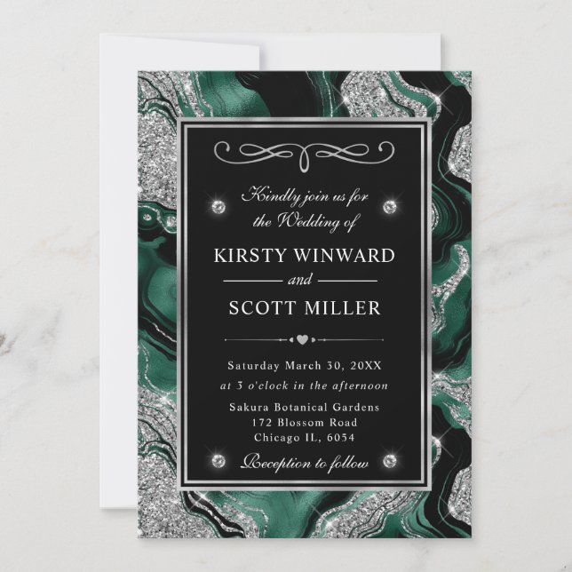 Elegant Green Foil & Silver Glitter Agate Wedding Invitation (Front)