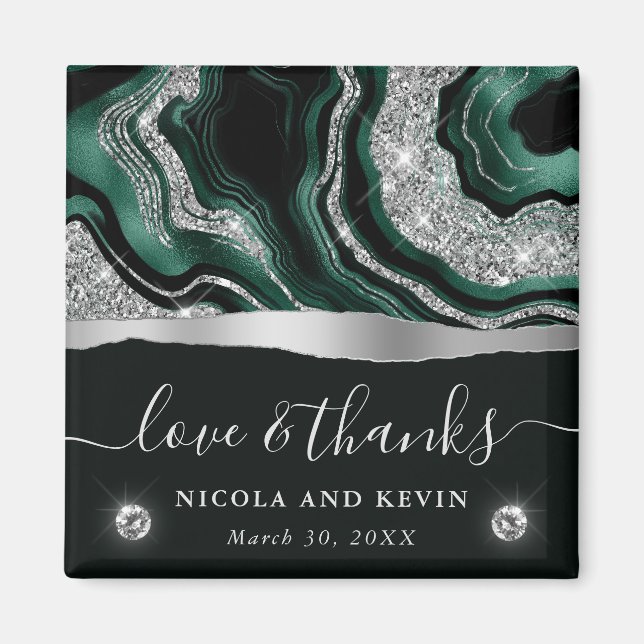 Elegant Green Foil & Silver Glitter Agate Wedding Magnet (Front)