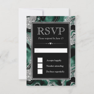 Elegant Green Foil & Silver Glitter Agate Wedding RSVP Card