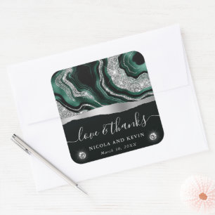 Elegant Green Foil & Silver Glitter Agate Wedding Square Sticker