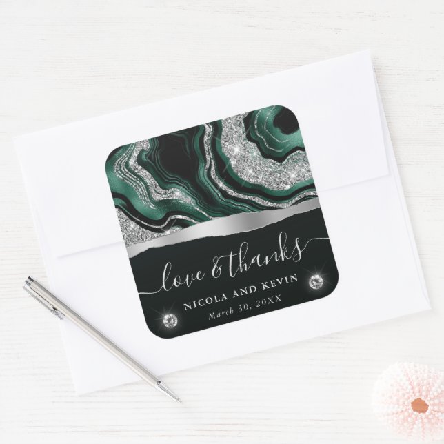 Elegant Green Foil & Silver Glitter Agate Wedding Square Sticker (Envelope)