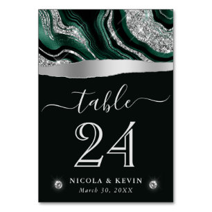 Elegant Green Foil & Silver Glitter Agate Wedding Table Number