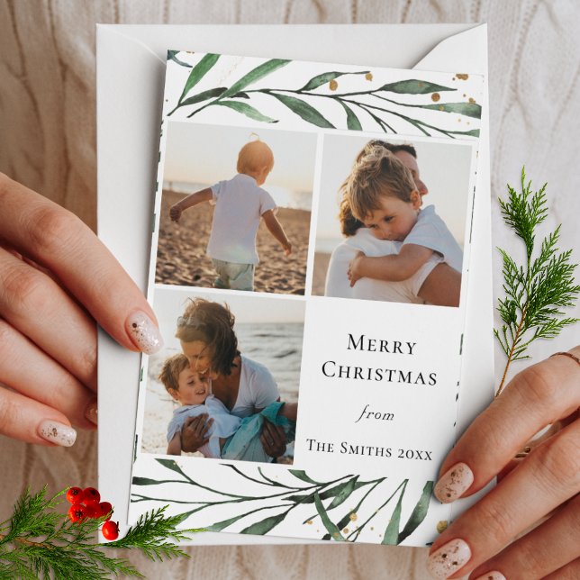 Elegant Green Foliage Gold Confetti Watercolor Holiday Card (Creator Uploaded)