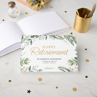 Elegant Green Foliage Happy Retirement Guest Book