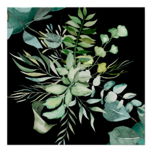 Elegant Green Foliage on Black Background Poster