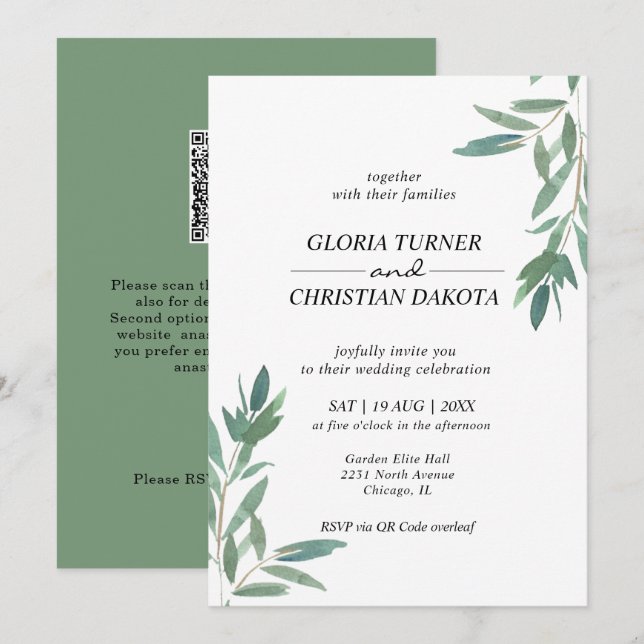 Elegant Green Foliage QR Code Wedding Invitation (Front/Back)