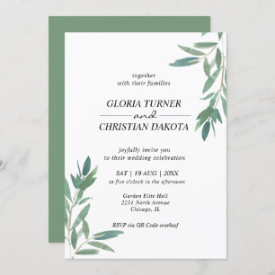 Elegant Green Foliage QR Code Wedding Invitation
