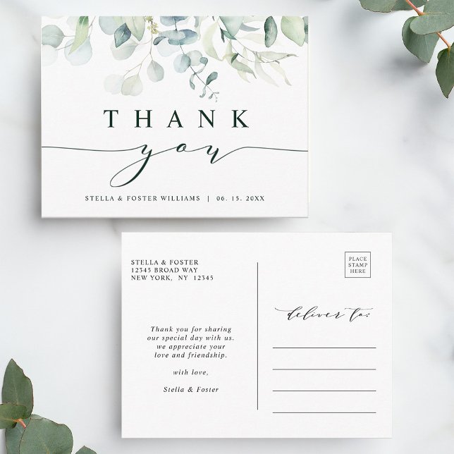 Elegant Green Foliage Thank You Postcard (Front & Back)